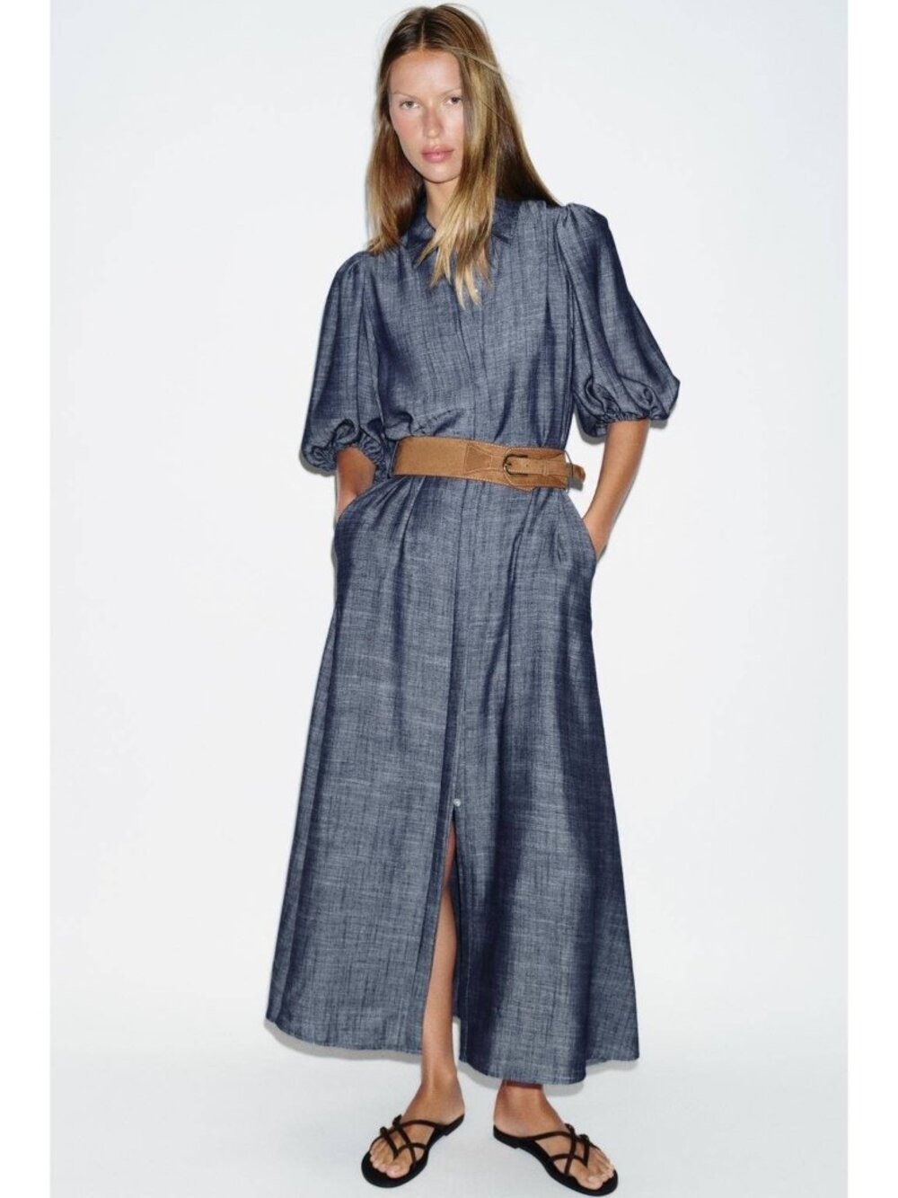 Zara Maxi Dress Blue Button Down Puff Sleeve Belted Womens Large 4745/031 NWT